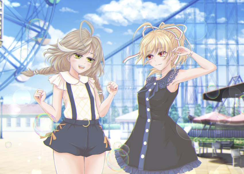 2girls :d ahoge amusement_park andou_tazusa arm_at_side arm_up armpits assault_lily bare_arms bare_shoulders bear_hair_ornament bench black_dress black_shorts blonde_hair blue_ribbon blue_sky blurry blurry_background blush braid breasts bubble building buttons carousel chromatic_aberration clenched_hands closed_mouth clothes_writing clouds commentary_request cross-laced_clothes cross-laced_shorts day dress ferris_wheel frilled_dress frilled_sleeves frills grey_hair hair_ornament hair_ribbon hand_up hands_up highres jewelry long_hair looking_at_another low_twin_braids low_twintails medium_breasts medium_hair multicolored_hair multicolored_ribbon multiple_girls neck_ribbon necklace official_alternate_hairstyle open_mouth orange_ribbon outdoors parasol pendant ponytail red_eyes red_ribbon ribbon ring roller_coaster sasaki_ran shirt short_sleeves shorts sky sleeveless sleeveless_dress smile sparkle standing streaked_hair striped striped_ribbon suspender_shorts suspenders teeth twin_braids twintails umbrella upper_teeth_only w_arms white_ribbon white_shirt wristband yajiuma_no_jesse yellow_eyes