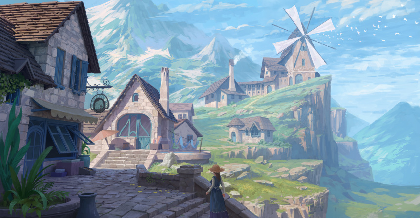 1girl absurdres bird blue_dress blue_sky chimney dress european_architecture european_clothes grass hat highres mountain mountainous_horizon on_stairs open_shutters original outdoors plant potted_plant shutter sky smoke songchunrui stairs stone_stairs straw_hat village windmill