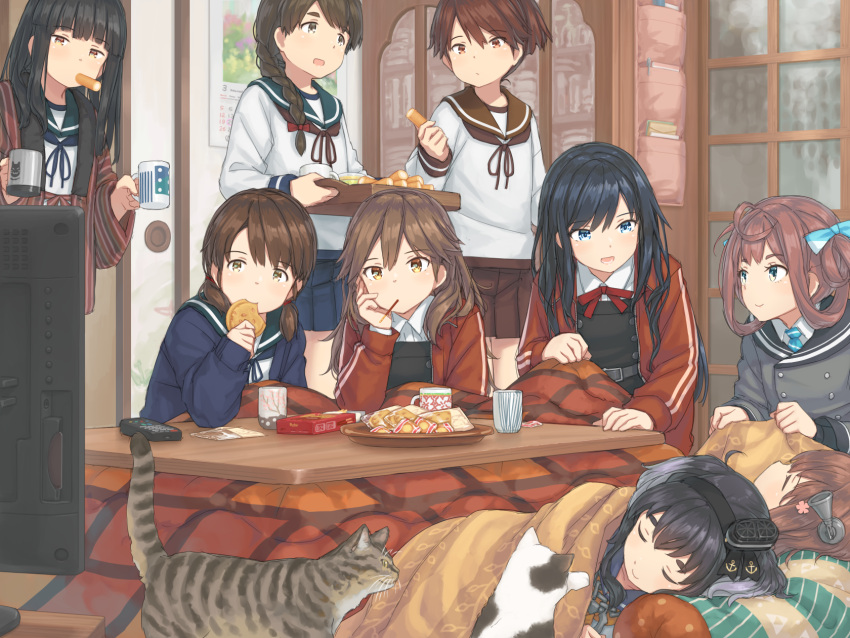 6+girls animal arashio_(kancolle) arashio_kai_ni_(kancolle) asagumo_(kancolle) asashio_(kancolle) asashio_kai_ni_(kancolle) bangs belt black_belt black_dress black_hair blue_eyes blunt_bangs blush braid brown_eyes brown_hair buttons calendar_(object) cat cherry_blossoms closed_eyes closed_mouth collared_shirt controller cookie cup dress eating flower food gradient_hair green_sailor_collar grey_belt grey_eyes grey_hair hair_between_eyes hair_flower hair_ornament hatsuyuki_(kancolle) hayashi_naoharu highres hime_cut holding holding_cup holding_food indoors kantai_collection kotatsu long_hair long_sleeves low_twintails lying mouth_hold mug multicolored_hair multiple_girls neck_ribbon on_back on_side open_mouth parted_bangs pinafore_dress pink_flower pocky ponytail red_ribbon remote_control ribbon sailor_collar school_uniform serafuku shikinami_(kancolle) shirayuki_(kancolle) shirt short_eyebrows short_hair short_hair_with_long_locks short_twintails sidelocks single_braid sleeping sleeveless sleeveless_dress smile speaking_tube_headset standing table television tokitsukaze_(kancolle) twintails under_kotatsu under_table uranami_(kancolle) watching_television white_shirt yukikaze_(kancolle) yukikaze_kai_ni_(kancolle)
