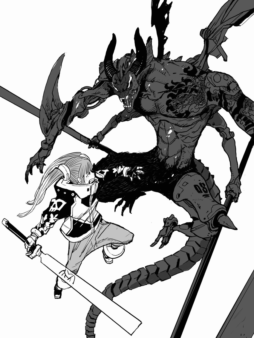 1boy 1girl acky_bright clenched_teeth demon demon_horns dual_wielding extra_arms fangs highres holding horns jacket mechanical_arms mechanical_wings original pointy_ears single_mechanical_arm skull sword tattoo teeth twintails weapon white_background wings