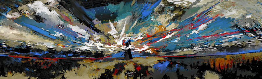 1boy 1girl abstract absurdres angel angel_wings bag barefoot black_hair black_robe carrying_over_shoulder clouds colorful commission dress field flying from_behind full_body go_zero7 high_collar highres horizon light_brown_hair long_hair low_wings multicolored_sky original outdoors robe signature skeb_commission sky very_long_hair very_wide_shot white_dress wings