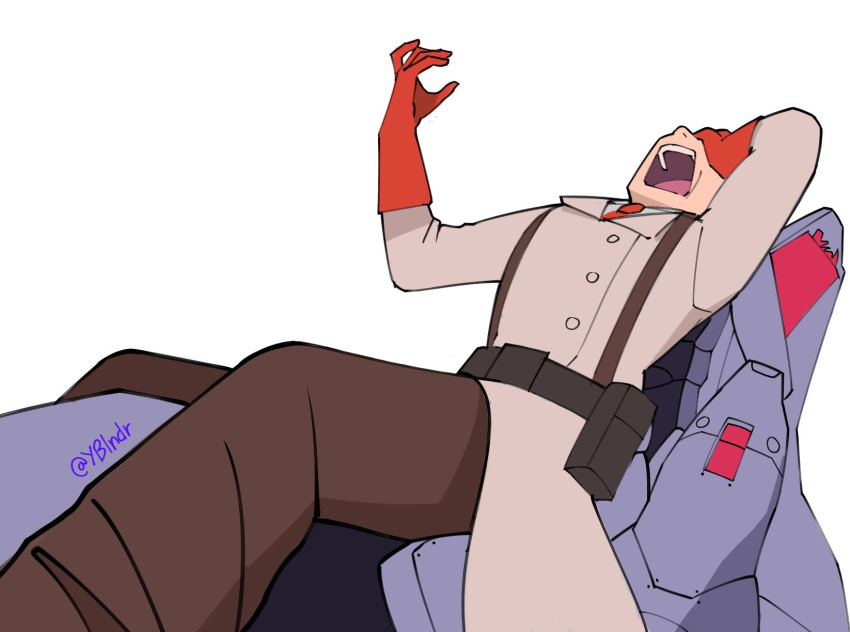 1boy belt black_belt black_pants brown_jacket gloves hand_on_own_face highres jacket leaning_back male_focus medic_(tf2) necktie neon_genesis_evangelion open_mouth pants parody pouch rebuild_of_evangelion red_gloves red_necktie shirt sitting solo team_fortress_2 twitter_username white_background white_shirt yblndr