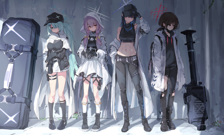 4girls absurdres armband atsuko_(blue_archive) backpack bag baseball_cap belt_boots black_footwear black_gloves black_hair black_headwear black_hoodie black_mask black_socks blue_archive blue_eyes blush boots braid brown_hair cabbie_hat closed_mouth crop_top dress fim-92_stinger full_body gas_mask gloves green_eyes hair_over_one_eye hair_ribbon halo hands_in_pockets hat highres hiyori_(blue_archive) holding holding_mask holster hood hood_down hooded_jacket hoodie jacket kneehighs light_green_hair long_hair long_sleeves looking_at_viewer mask mask_pull mask_removed midriff misaki_(blue_archive) mouth_mask multiple_girls pants plate_carrier purple_hair red_eyes ribbon rocket_launcher saori_(blue_archive) scarf short_hair side_ponytail socks standing surgical_mask thigh_holster torn_clothes torn_pants toshizou_(0714) turtleneck twin_braids weapon weapon_case white_dress white_jacket white_scarf white_socks yellow_ribbon