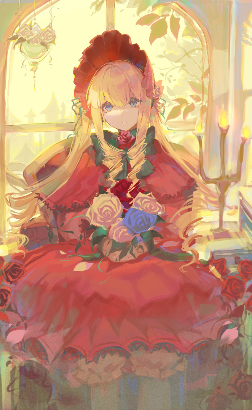 absurdres bangs blonde_hair blue_eyes bonnet bow bowtie doll_joints dress frilled_dress frilled_sleeves frills green_bow green_bowtie highres joints lolita_fashion long_hair long_sleeves red_dress red_headwear rozen_maiden shinku taoer. twintails