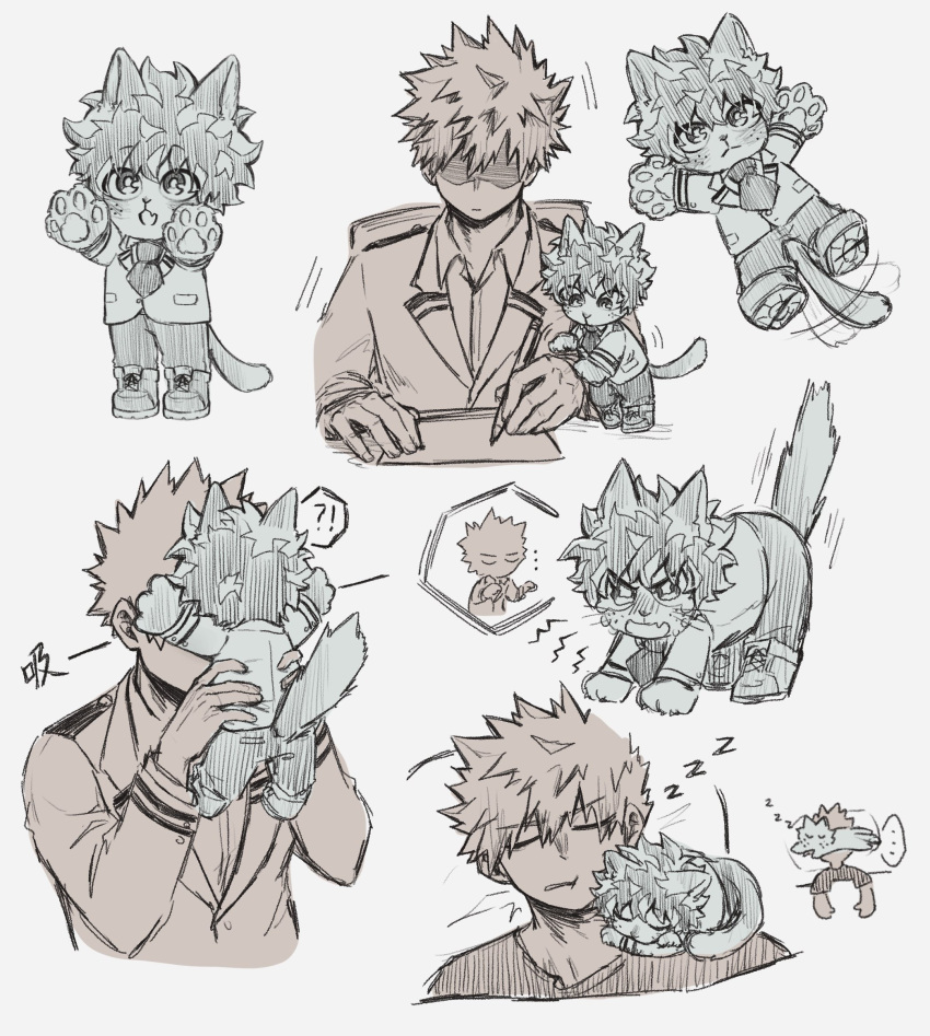 !? 2boys animal animal_ears animal_hands animal_on_shoulder animalization baa_str bakugou_katsuki bangs blazer blush boku_no_hero_academia cat cat_boy cat_ears cat_tail closed_eyes closed_mouth collared_shirt commentary dated_commentary freckles furrification furry furry_male gloves hair_between_eyes highres jacket long_sleeves looking_at_another male_focus midoriya_izuku miniboy monochrome multiple_boys multiple_views necktie open_mouth paw_gloves school_uniform shirt short_hair simple_background sleeping smile spiky_hair standing tail tail_wagging u.a._school_uniform whiskers white_background writing zzz