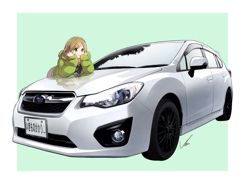 1girl absurdres bangs black_shirt blonde_hair border car closed_mouth coat commentary fang green_background green_eyes green_jacket ground_vehicle hands_on_own_cheeks hands_on_own_face head_rest highres inuyama_aoi jacket leaning_forward license_plate long_sleeves looking_away motor_vehicle shirt signature skin_fang solo subaru_(brand) subaru_impreza swept_bangs thick_eyebrows vehicle_focus white_border winter_clothes winter_coat yasu_(pixiv) yurucamp