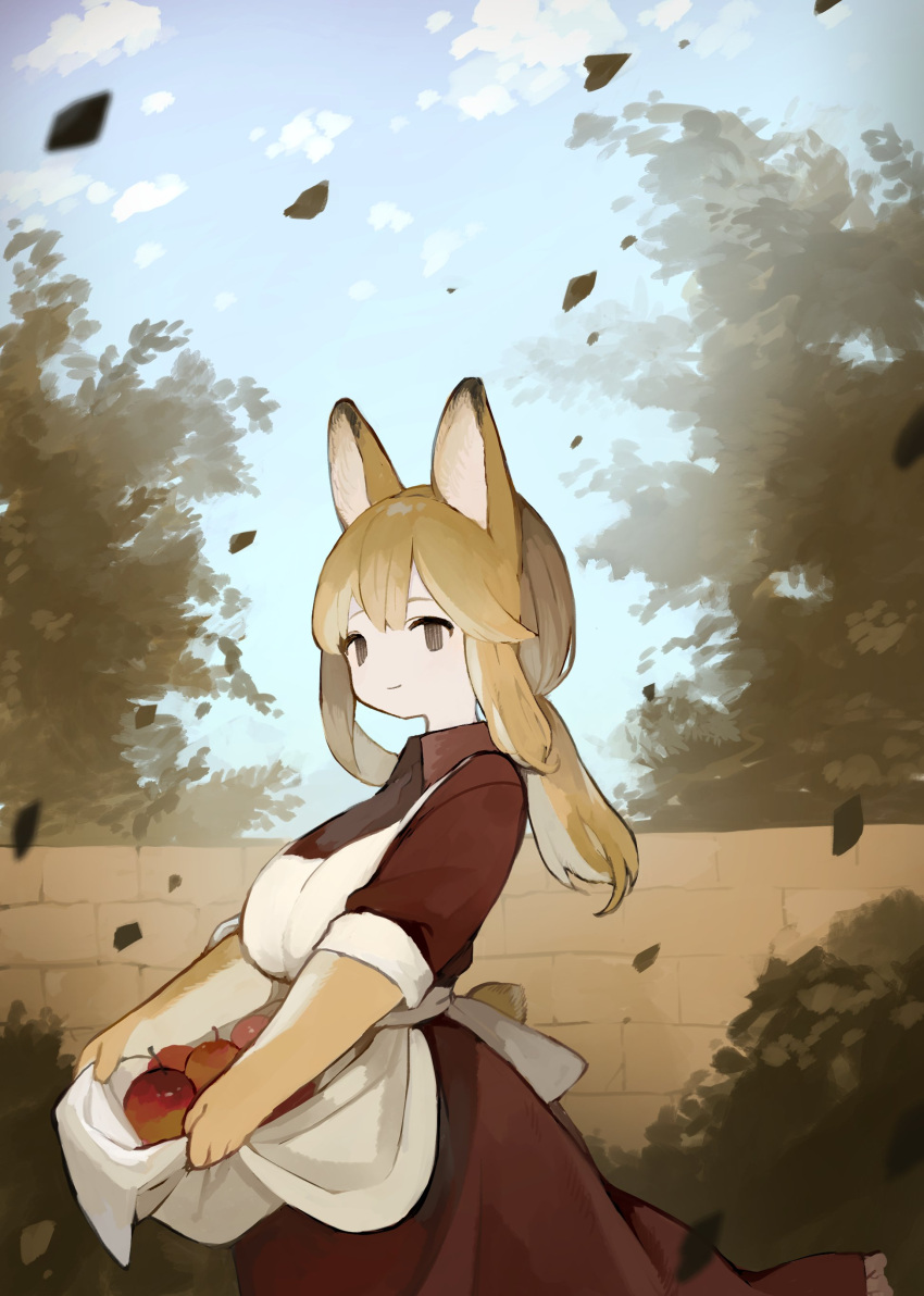 1girl absurdres animal_ears apple apron apron_hold brown_hair bush closed_mouth collared_dress commentary dress falling_leaves food fruit grey_eyes highres leaf looking_at_viewer original ponytail rabbit_ears rabbit_girl rabbit_tail red_dress sakutake_(ue3sayu) sidelocks smile stone_wall symbol-only_commentary tail tree wall