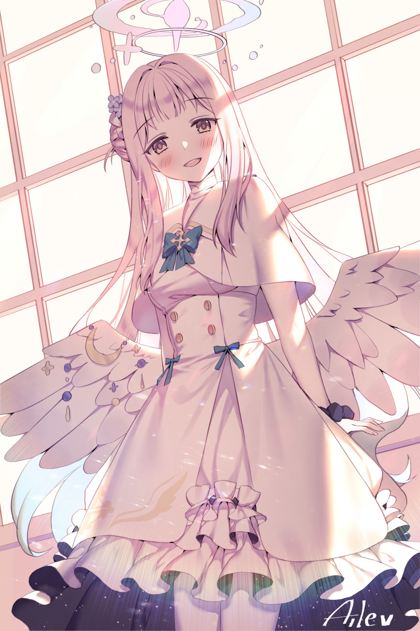 1girl :d absurdres aile_(crossroads) blue_archive blue_flower blush breasts brown_eyes capelet commentary crescent dress feathered_wings flower frilled_dress frills hair_bun hair_flower hair_ornament halo highres looking_at_viewer low_wings medium_breasts mika_(blue_archive) pantyhose pink_hair signature single_side_bun smile solo white_capelet white_dress white_pantyhose white_wings window wings
