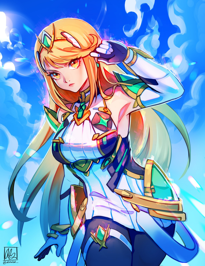 1girl absurdres alina_l arm_up bangs bare_shoulders black_pantyhose blonde_hair breasts chest_jewel closed_mouth commentary dress elbow_gloves gloves highres long_hair looking_at_viewer medium_breasts mythra_(massive_melee)_(xenoblade) mythra_(xenoblade) pantyhose short_dress signature sleeveless sleeveless_dress solo super_smash_bros. swept_bangs thigh_strap tiara white_dress white_gloves xenoblade_chronicles_(series) xenoblade_chronicles_2 yellow_eyes