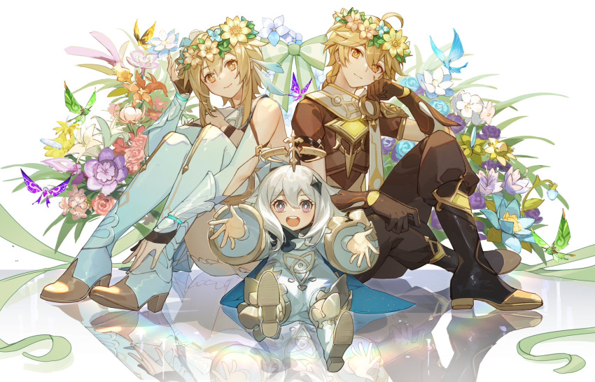 1boy 2girls aether_(genshin_impact) ahoge arms_up baggy_pants bangs bare_shoulders black_footwear black_gloves blonde_hair blue_cape blue_flower boots braid brother_and_sister brown_pants brown_shirt bug butterfly_wings buttons cape closed_mouth crystal_hair_ornament detached_sleeves dress feather_hair_ornament feathers flower flying genshin_impact gloves green_flower grey_hair hair_between_eyes hair_ornament halo hand_up hands_up head_wreath high_heels highres kotatsu_kaya leaf long_hair long_sleeves looking_at_viewer lumine_(genshin_impact) multiple_girls orange_flower paimon_(genshin_impact) pants pink_flower purple_flower reflection scarf shirt short_hair short_hair_with_long_locks short_sleeves siblings sidelocks simple_background sitting smile vision_(genshin_impact) white_background white_dress white_flower white_footwear white_scarf wide_sleeves wings yellow_flower