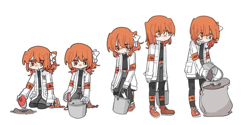 1girl a.i._voice absurdres adachi_rei bangs belt black_leggings black_shirt bucket cable commentary denki_enzanki digging dirt dot_nose expressionless gloves grey_skirt hair_ribbon highres holding holding_bucket jacket kneeling leggings medium_hair multiple_views open_clothes open_jacket orange_belt orange_eyes orange_hair ribbon shirt shoes side_ponytail skirt sneakers standing trowel utau white_background white_gloves white_jacket white_ribbon