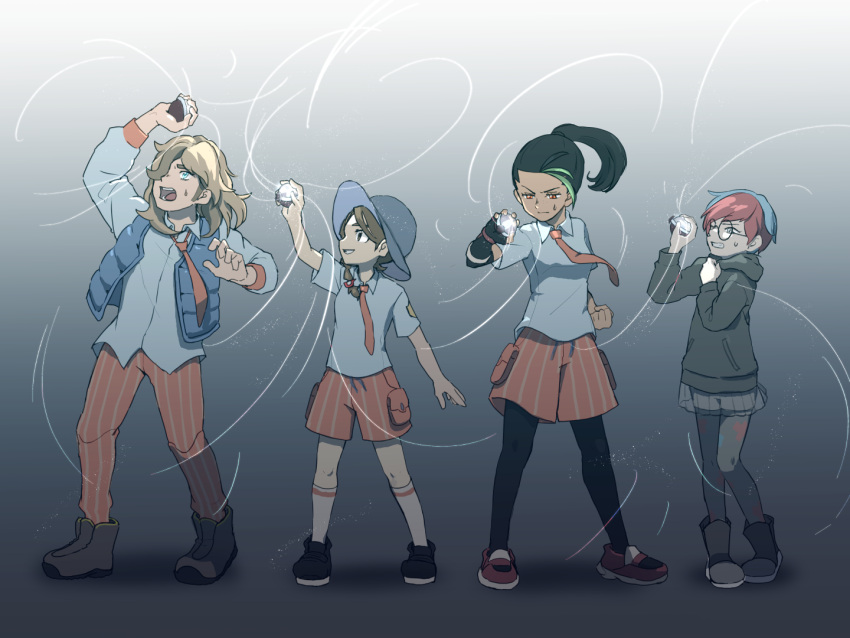 1boy 3girls arm_up arven_(pokemon) black_footwear black_pantyhose blue_vest boots brown_hair clenched_hand clenched_teeth collared_shirt commentary_request gloves green_eyes hands_up hat holding_tera_orb hood hoodie juliana_(pokemon) long_hair long_sleeves multiple_girls necktie nemona_(pokemon) open_clothes open_mouth open_vest orange_necktie orange_pants orange_shorts pants pantyhose pantyhose_under_shorts penny_(pokemon) pokemon pokemon_(game) pokemon_sv see-through see-through_skirt shirt shoes shorts shorts_under_skirt single_glove skirt socks ssda_(mrfp4842) standing teeth tera_orb tongue vest