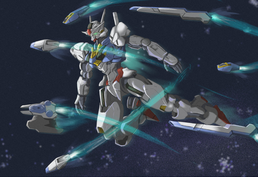 absurdres bit_(gundam) datalyf flying full_body green_eyes gundam gundam_aerial gundam_suisei_no_majo highres mecha mobile_suit no_humans robot science_fiction solo space v-fin