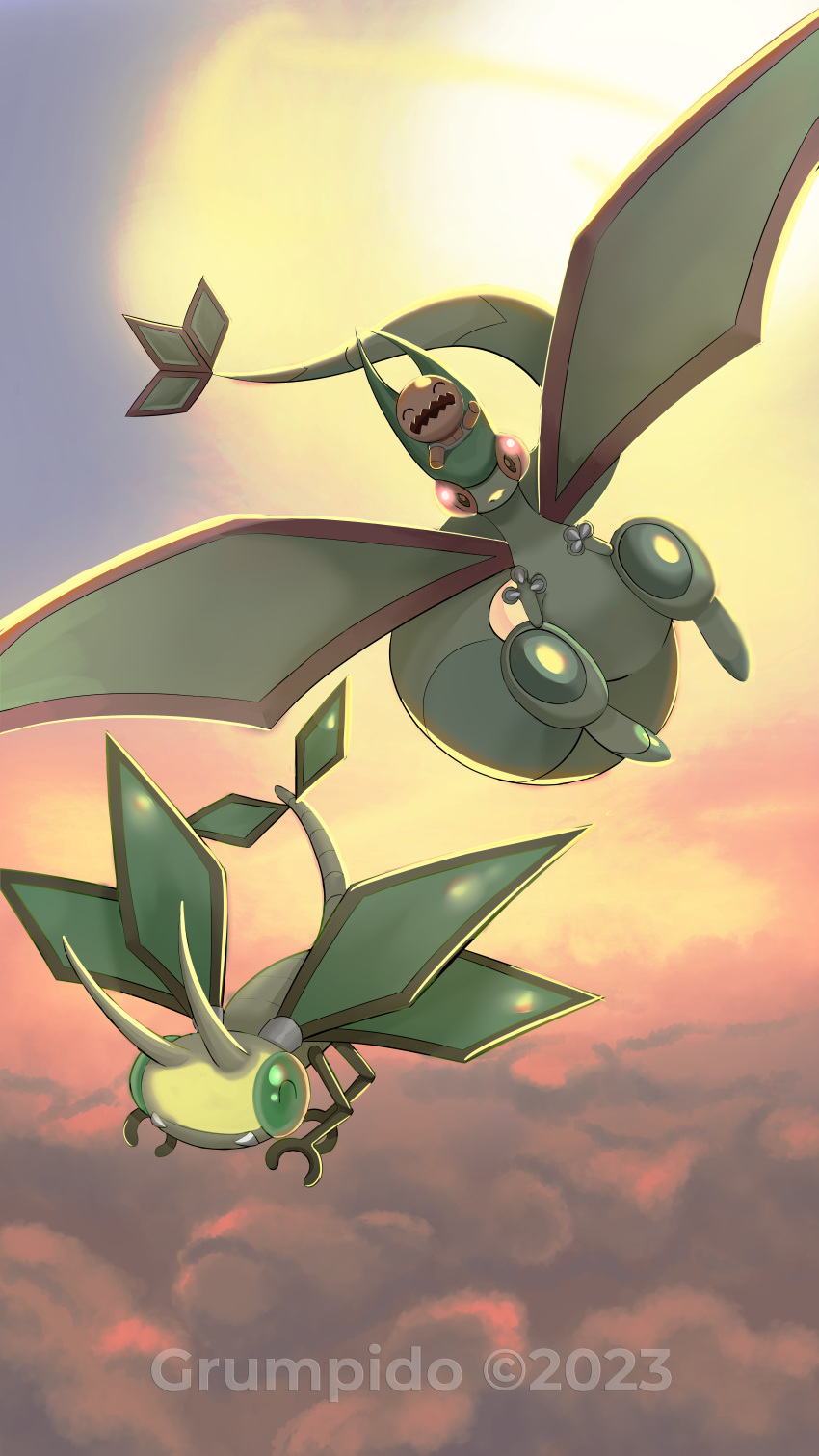 above_clouds absurdres animal_focus claws clouds commentary_request evolutionary_line flygon flying grumpido highres looking_at_viewer no_humans outdoors pokemon pokemon_(creature) trapinch vibrava