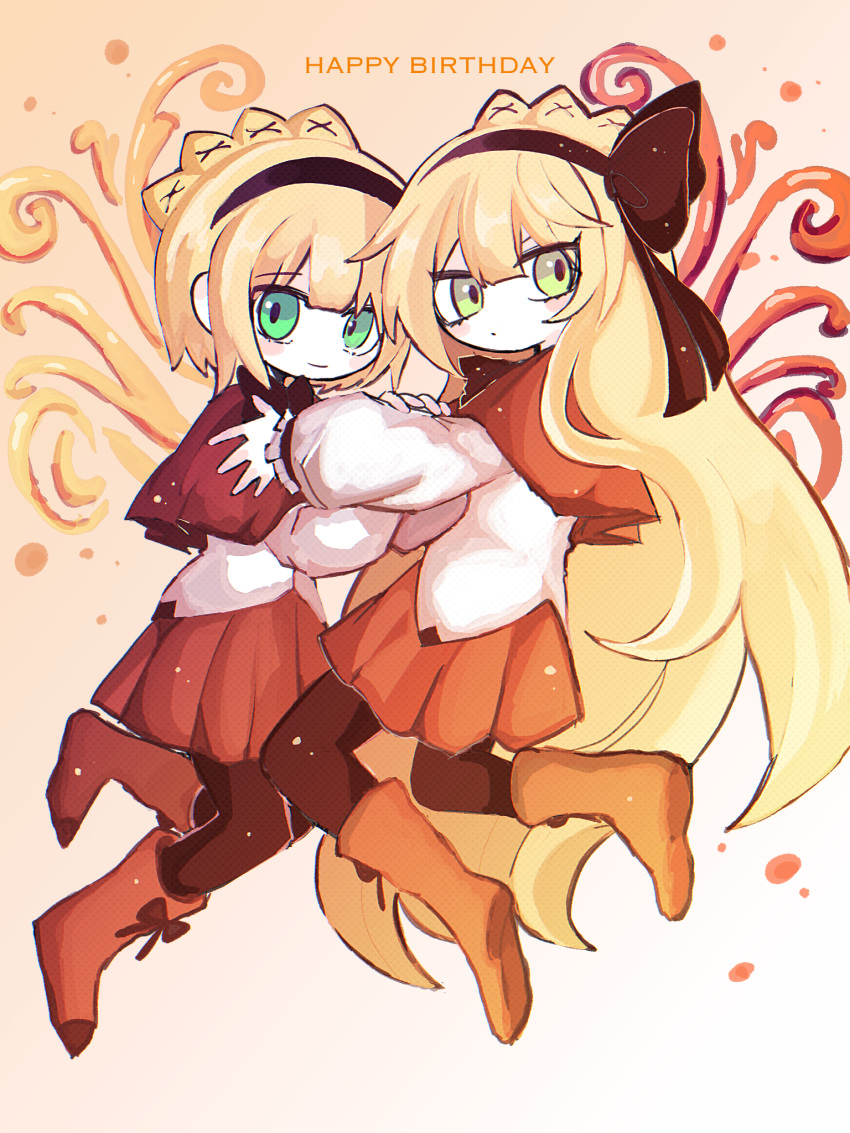1boy 1girl blonde_hair blush_stickers boots brown_capelet brown_footwear brown_hairband brown_pantyhose brown_ribbon brown_skirt capelet closed_mouth colored_skin commentary_request english_text footwear_ribbon green_eyes hair_ribbon hairband happy_birthday hatosabure highres lobotomy_corporation long_hair long_sleeves matching_outfit neck_ribbon no_nose pantyhose project_moon ribbon shirt skirt smile tiphereth_a_(project_moon) tiphereth_b_(project_moon) very_long_hair white_shirt white_skin