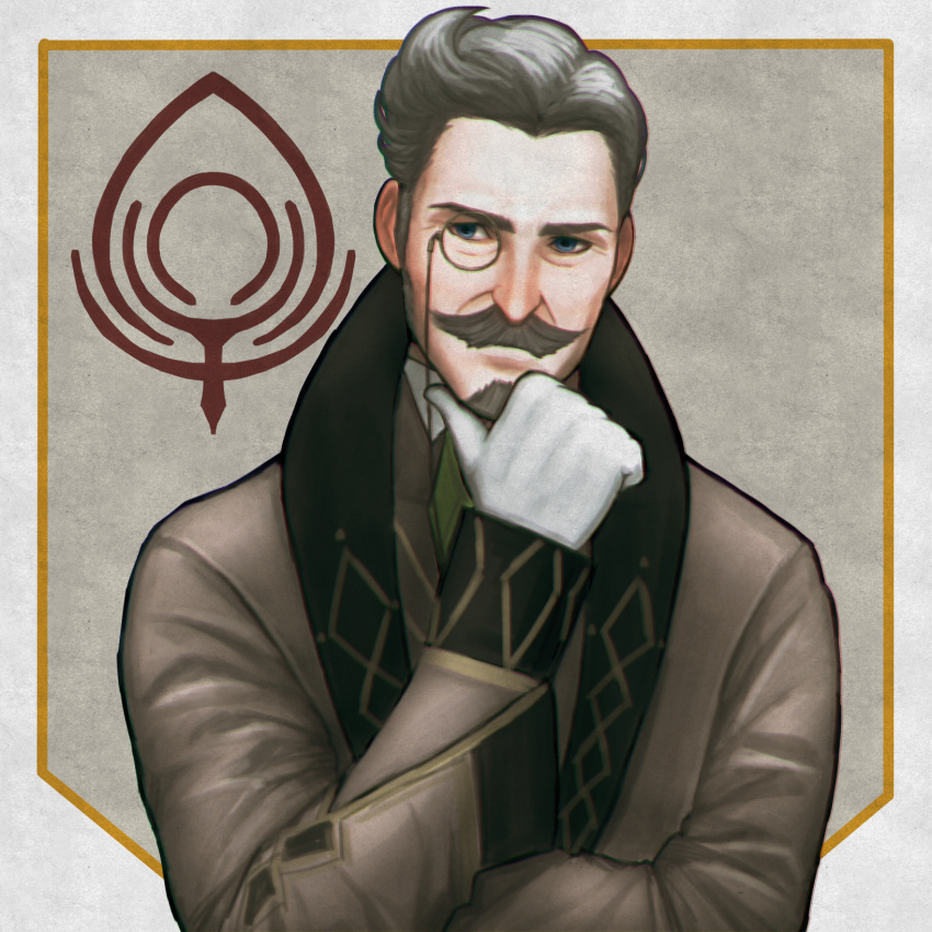 1boy facial_hair fire_emblem fire_emblem:_three_houses gloves grey_hair hand_on_own_chin hanneman_von_essar highres long_sleeves looking_at_viewer monocle mustache nanbu_yasumi short_hair standing upper_body