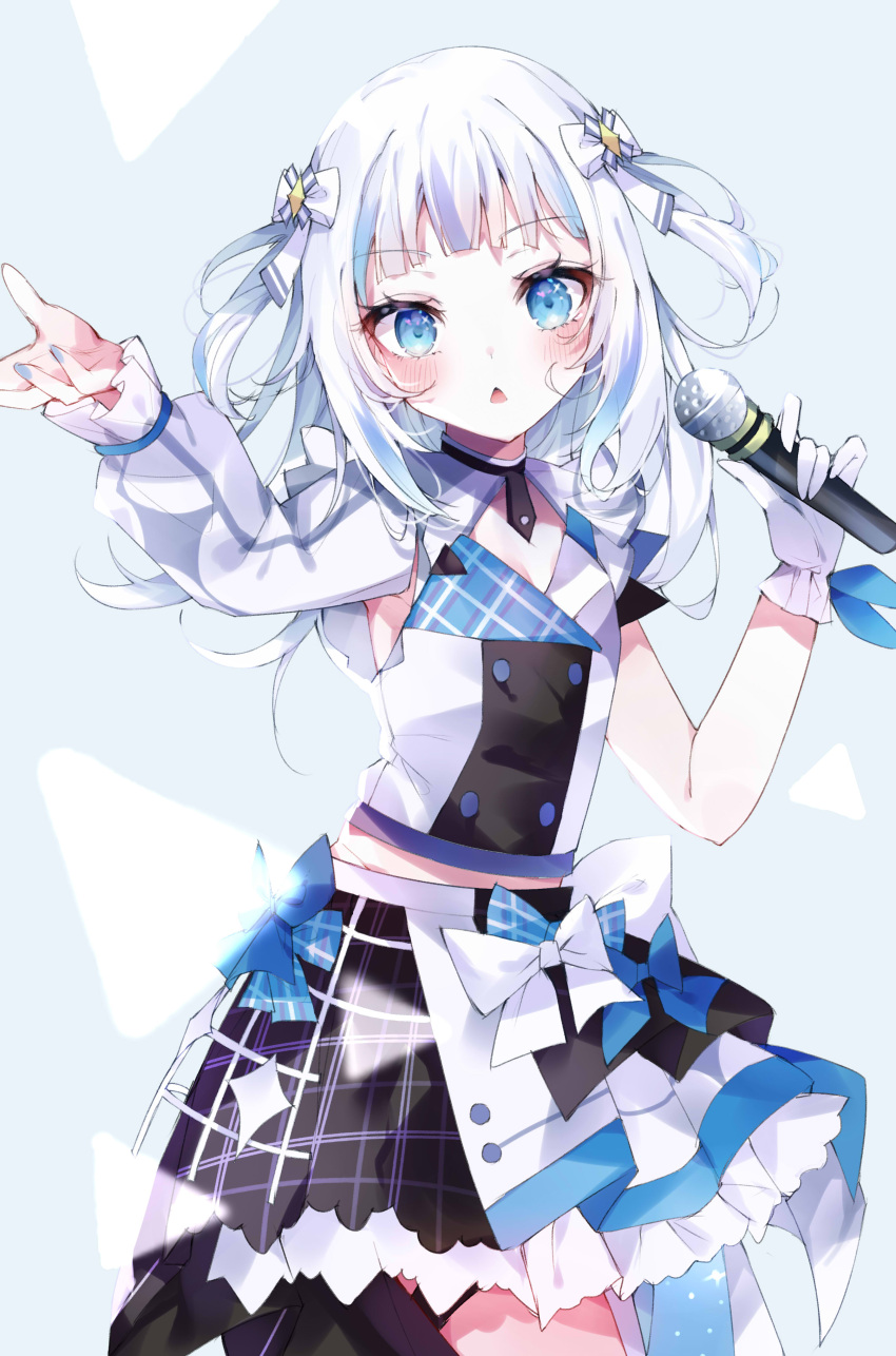 1girl absurdres asymmetrical_sleeves bangs blue_eyes blue_hair blue_nails blunt_bangs bow frilled_skirt frills gawr_gura gloves grey_hair hair_bow highres holding holding_microphone hololive hololive_english long_sleeves medium_hair microphone multicolored_hair puffy_long_sleeves puffy_sleeves shark_girl shigureszku simple_background single_glove skirt solo streaked_hair triangle_mouth two_side_up virtual_youtuber white_gloves