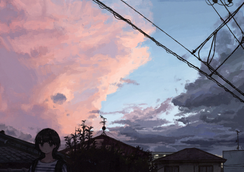 1girl absurdres black_hair blue_sky building clouds cloudy_sky dark_clouds hair_behind_ear highres house looking_at_viewer original outdoors pink_clouds power_lines radio_antenna scenery shade shirt short_hair shoulder_strap sky sky_focus solo striped striped_shirt tile_roof tree twilight uniunimikan upper_body