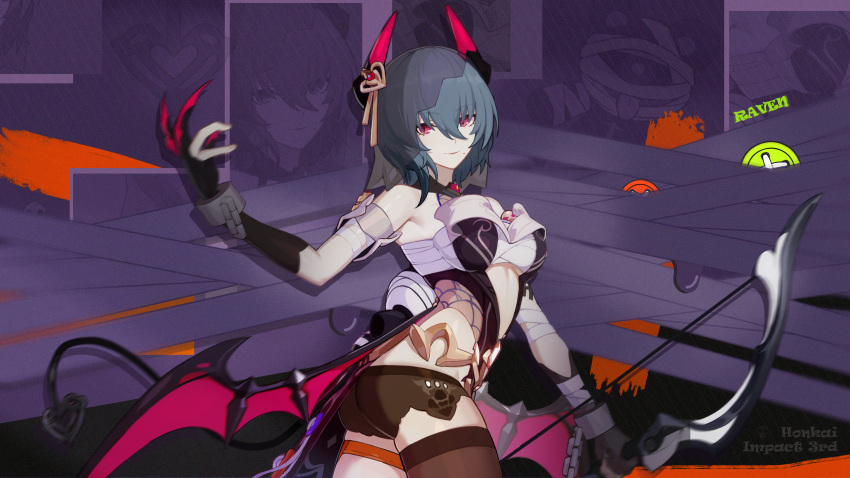 1girl arched_back armpit_crease ass bare_shoulders bow breasts english_text highres holding holding_weapon honkai_(series) honkai_impact_3rd horns mole official_alternate_costume official_art official_wallpaper raven_(honkai_impact) solo upper_body weapon