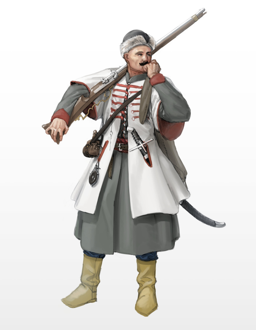 1boy absurdres antique_firearm bald belt brown_belt cossack facial_hair full_body fur_hat grey_headwear gun hat highres holding holding_gun holding_weapon long_sleeves looking_to_the_side male_focus mature_male medieval musket mustache original over_shoulder saber_(weapon) standing sword ukrainian_clothes wassnonnam weapon weapon_over_shoulder yellow_footwear
