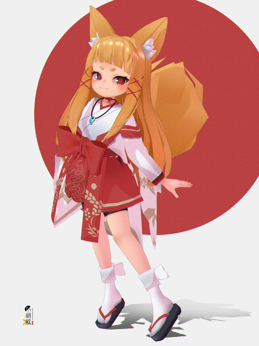 1girl 3d absurdres animal_ear_fluff animal_ears bangs bike_shorts black_footwear black_shorts blender_(medium) brown_hair closed_mouth commentary_request fox_ears fox_girl fox_tail full_body grey_background hair_ornament highres indie_virtual_youtuber japanese_clothes jewelry kimono kuro_kosyou long_hair long_sleeves looking_at_viewer magatama magatama_necklace necklace red_background red_eyes red_skirt shadow short_eyebrows short_shorts shorts shorts_under_skirt skirt smile socks solo tabi tail thick_eyebrows two-tone_background very_long_hair virtual_youtuber white_kimono white_socks x_hair_ornament yuruha_(vtuber) zouri