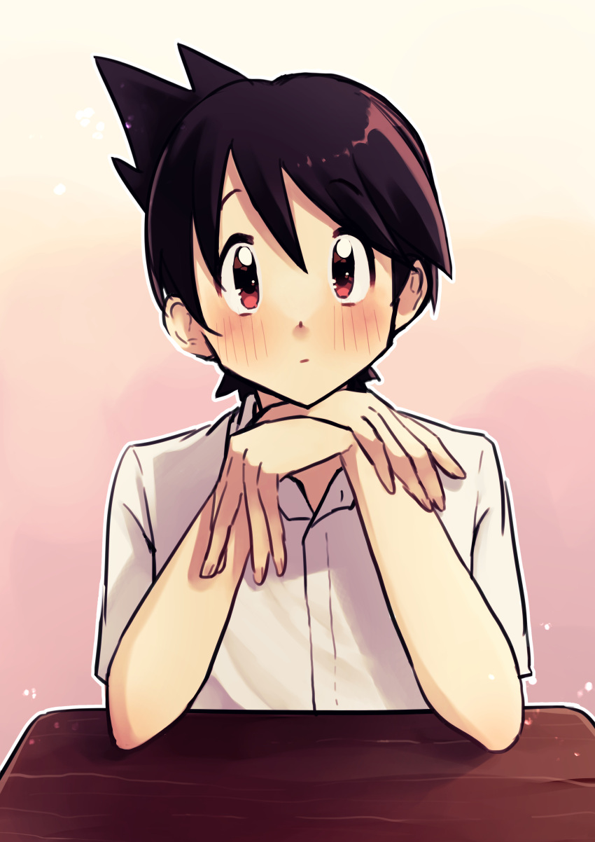 1boy absurdres bangs blush closed_mouth collared_shirt commentary_request desk hands_up highres looking_at_viewer male_focus outline pokemon pokemon_adventures red_(pokemon) red_eyes school_desk shirt short_hair short_sleeves solo wanichi white_shirt