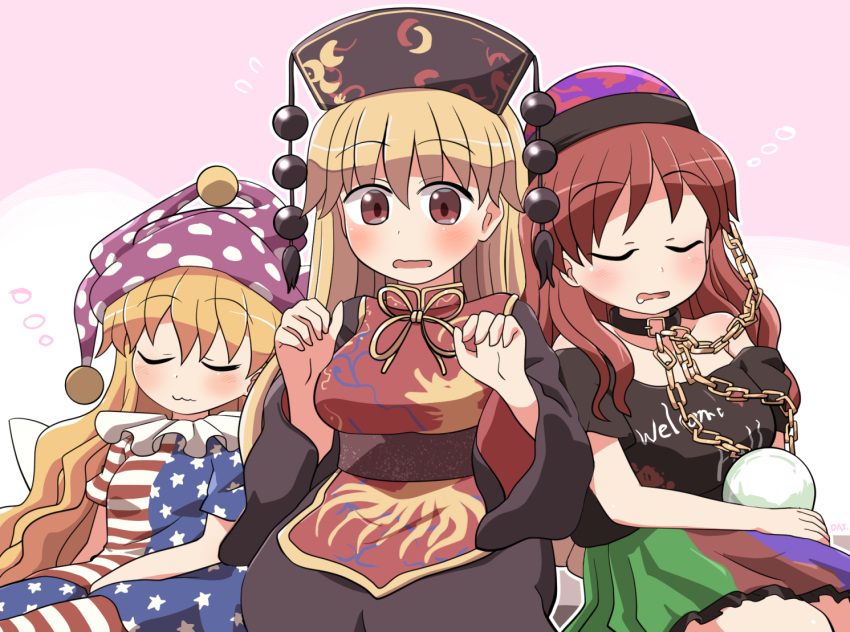 3girls american_flag_dress american_flag_legwear bangs black_dress black_headwear black_shirt blonde_hair blush chain chinese_clothes closed_eyes closed_mouth clothes_writing clownpiece dress fairy fairy_wings hair_between_eyes hat hecatia_lapislazuli jester_cap junko_(touhou) long_hair long_sleeves moon_(ornament) multicolored_clothes multicolored_skirt multiple_girls off-shoulder_shirt off_shoulder open_mouth pantyhose phoenix_crown pink_headwear polka_dot polka_dot_headwear polos_crown red_eyes redhead rokugou_daisuke shirt short_hair short_sleeves skirt star_(symbol) star_print striped striped_dress striped_pantyhose t-shirt tabard touhou wide_sleeves wings