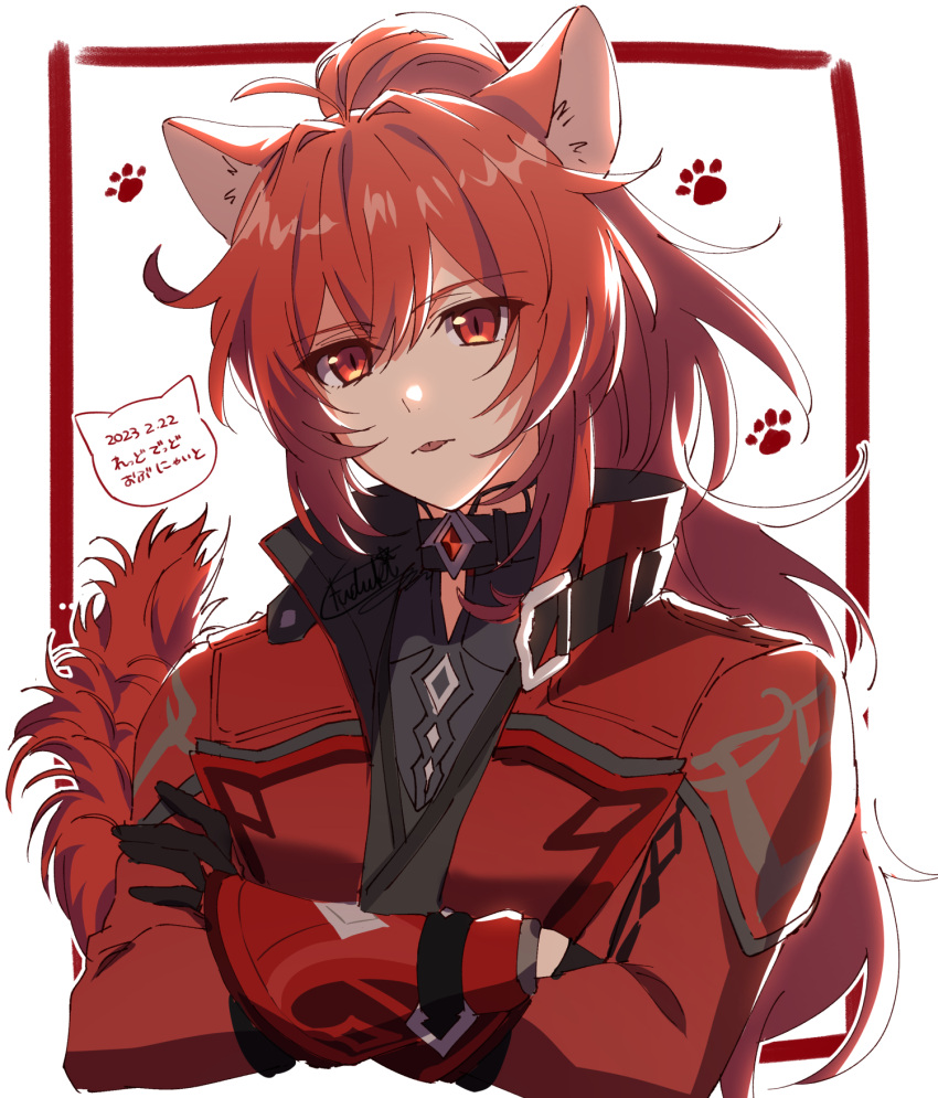 1boy animal_ears black_gloves cat_ears coat diluc_(genshin_impact) diluc_(red_dead_of_night)_(genshin_impact) genshin_impact gloves hair_between_eyes highres jacket long_hair male_focus ponytail red_coat red_eyes red_jacket redhead simple_background tongue tongue_out white_background yuu_(mboj_fdk)