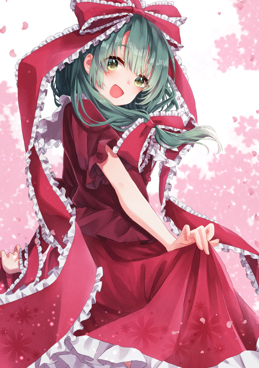 1girl :d absurdres bangs blush cherry_blossoms commentary_request cowboy_shot dress frilled_ribbon frilled_skirt frills from_side front_ponytail green_hair hair_ribbon highres kagiyama_hina long_hair looking_at_viewer mizudori_(msarasoju) mountain_of_faith open_mouth red_dress red_ribbon ribbon short_sleeves skirt skirt_hold smile solo touhou
