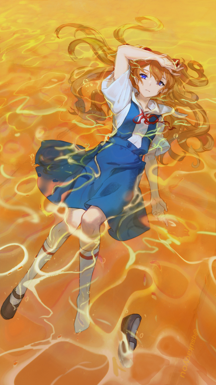 1girl asukayou blonde_hair blue_eyes blue_skirt closed_mouth expressionless full_body hand_on_own_forehead highres kneehighs loafers long_hair looking_at_viewer lying neck_ribbon neon_genesis_evangelion on_back partially_submerged red_ribbon ribbon school_uniform shirt shoes shoes_removed short_sleeves skirt socks solo souryuu_asuka_langley white_shirt white_socks
