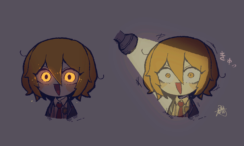 1girl badge blonde_hair chibi collared_shirt commentary_request don_quixote_(limbus_company) flashlight glowing glowing_eyes grey_background grey_jacket hair_between_eyes jacket limbus_company necktie open_clothes open_jacket open_mouth project_moon red_necktie shirt short_hair smile surumenabe translation_request white_shirt yellow_eyes