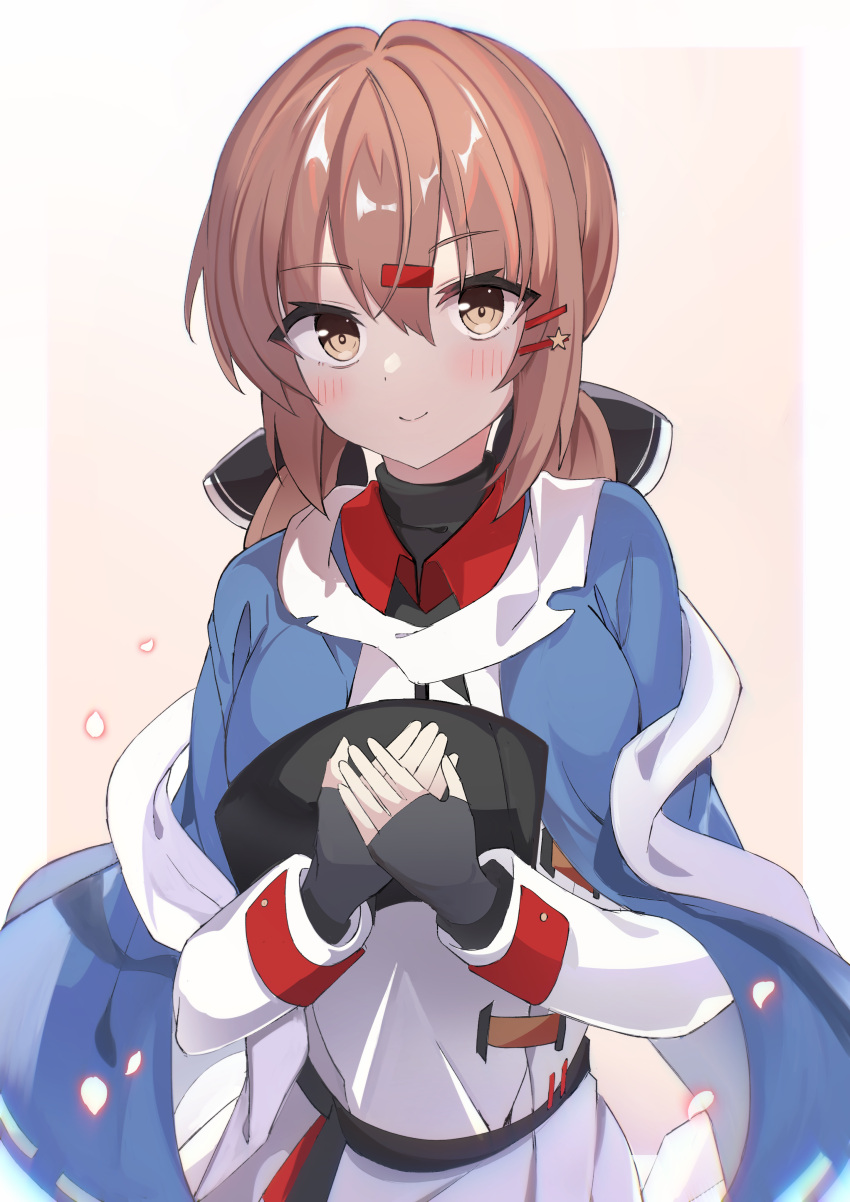 1girl absurdres bangs black_bow black_gloves blue_shawl blush bow brown_eyes brown_hair closed_mouth collared_shirt fathom fingerless_gloves gloves hair_between_eyes hair_bow hair_ornament hairclip highres jacket kantai_collection long_hair long_sleeves looking_at_viewer low_twintails red_shirt scarf shawl shirt smile solo tashkent_(kancolle) torn_clothes torn_scarf twintails upper_body white_jacket white_scarf
