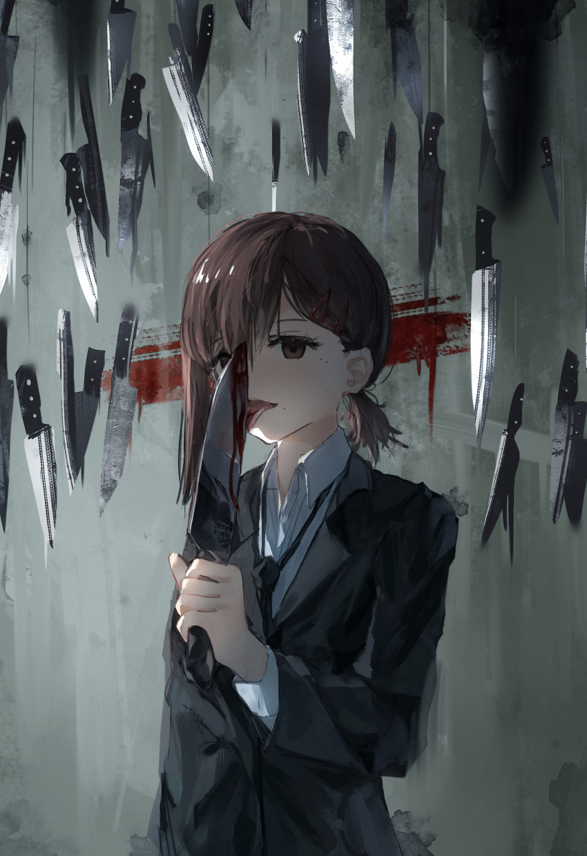 1girl absurdres bangs black_jacket black_necktie black_pants blood blood_on_knife brown_hair chainsaw_man collared_shirt floating floating_object floating_weapon formal greedice hair_ornament hairclip higashiyama_kobeni highres holding holding_knife jacket knife licking licking_blade licking_weapon looking_to_the_side mole mole_under_eye necktie pants shirt shirt_tucked_in short_hair short_ponytail single_sidelock smeared_blood solo suit suit_jacket swept_bangs tongue tongue_out weapon white_shirt