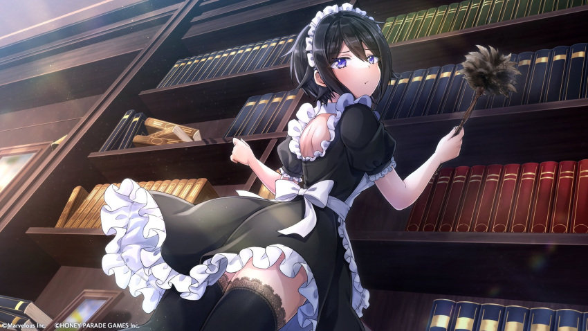 1girl apron bare_arms black_hair book bookshelf dolphin_wave dress duster frilled_dress frills from_behind highres looking_back maid maid_apron maid_headdress official_art ootomo_takuji pout short_hair suminoe_shion thigh-highs violet_eyes