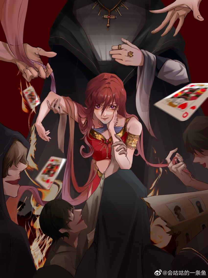 1girl 6+boys absurdres anklet bra bustier card dropping earrings flower harem_outfit hearts_(i_became_a_god_in_a_horror_game) highres i_became_a_god_in_a_horror_game jewelry long_hair looking_at_viewer midriff multiple_boys multiple_hands red_shirt redhead ring shirt underwear violet_eyes wavy_hair weibo_7676023295