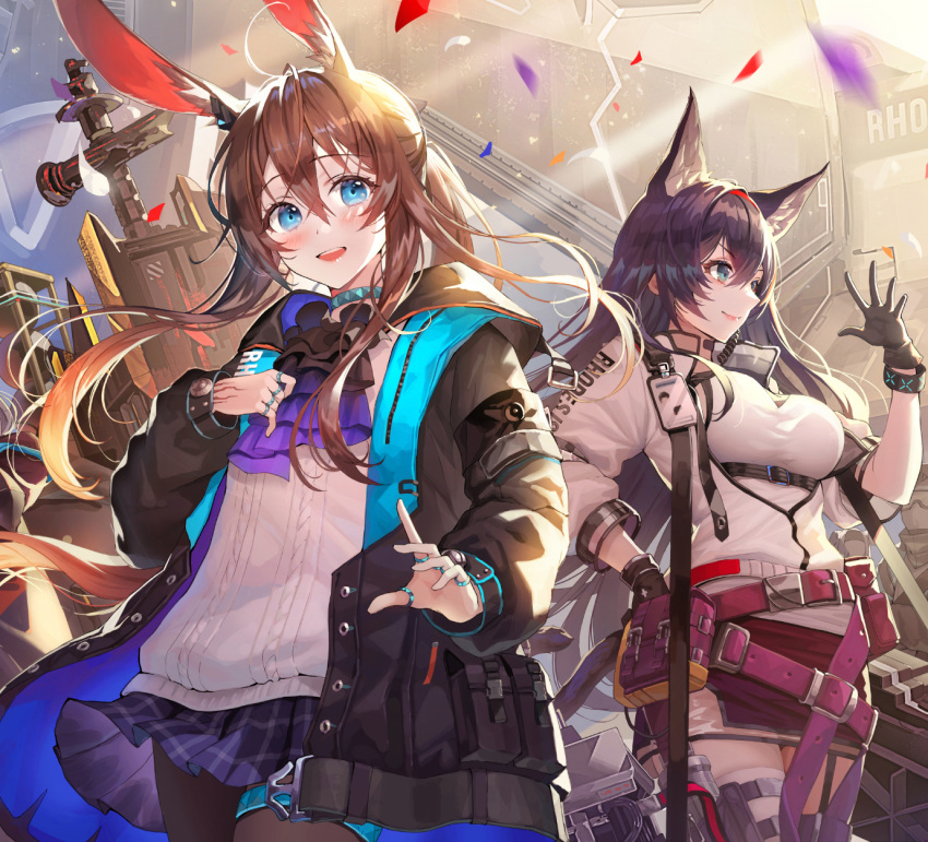 2girls :d amiya_(arknights) animal_ears arknights black_coat black_gloves black_hair black_skirt blaze_(arknights) blue_eyes breasts brown_hair brown_pantyhose cat_ears cat_girl closed_mouth coat confetti cowboy_shot gloves highres jacket jewelry large_breasts long_hair long_sleeves looking_at_viewer multiple_girls multiple_rings okuma_mai open_mouth outdoors pantyhose ponytail rabbit_ears rabbit_girl ring shirt skirt smile white_jacket white_shirt
