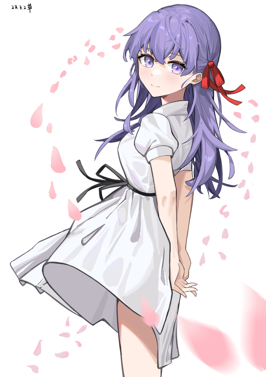 1girl absurdres arms_behind_back black_ribbon cherry_blossoms closed_mouth cowboy_shot dress falling_petals fate/stay_night fate_(series) hair_ribbon heaven's_feel highres long_hair looking_at_viewer matou_sakura official_alternate_costume petals puffy_short_sleeves puffy_sleeves purple_hair red_ribbon ribbon short_sleeves simple_background smile solo user_hwnu4245 violet_eyes white_background white_dress
