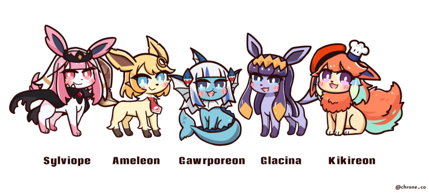 5girls :d artist_name black_cape blonde_hair blue_eyes bridal_veil cape chef_hat chroneco crossover fins fish_tail flareon gawr_gura glaceon hair_ornament hat highres hololive hololive_english holomyth leafeon looking_at_viewer looking_past_viewer mini_hat monocle_hair_ornament mori_calliope multicolored_hair multiple_girls necktie ninomae_ina'nis open_mouth orange_hair pink_eyes pink_hair pokemon pokemon_(creature) pokemon_(game) purple_hair red_necktie shark_hair_ornament simple_background sitting smile sylveon tail takanashi_kiara tiara twitter_username two-tone_hair vaporeon veil violet_eyes watson_amelia white_background white_hair