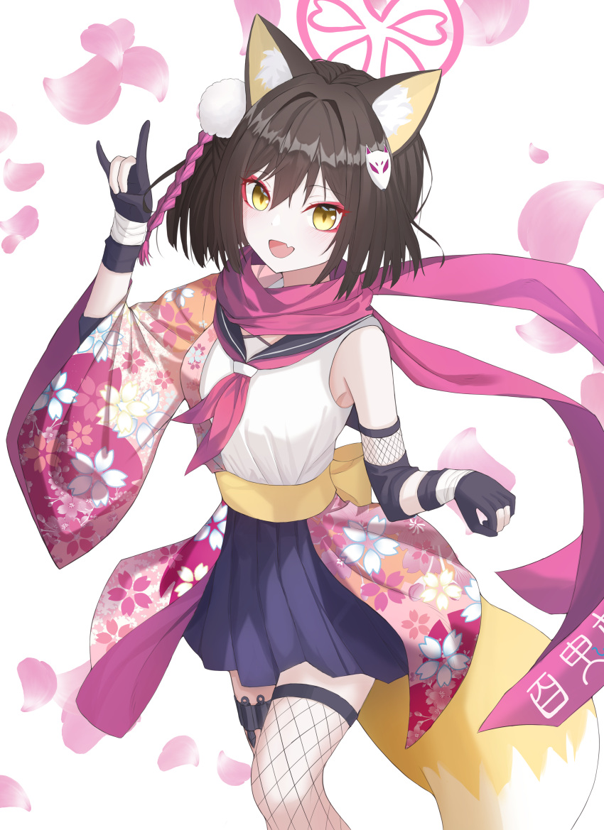 1girl :d absurdres animal_ears armpits bangs black_gloves black_hair blue_archive cine9447 commentary eyeshadow fang fingerless_gloves fishnet_thighhighs fishnets fox_ears fox_girl fox_hair_ornament fox_shadow_puppet fox_tail gloves hadanugi_dousa hair_between_eyes hair_ornament highres izuna_(blue_archive) japanese_clothes kunai long_sleeves looking_at_viewer makeup medium_hair ninja one_side_up pleated_skirt pom_pom_(clothes) pom_pom_hair_ornament school_uniform serafuku sidelocks simple_background skirt sleeveless smile solo tail thigh-highs weapon wind yellow_eyes