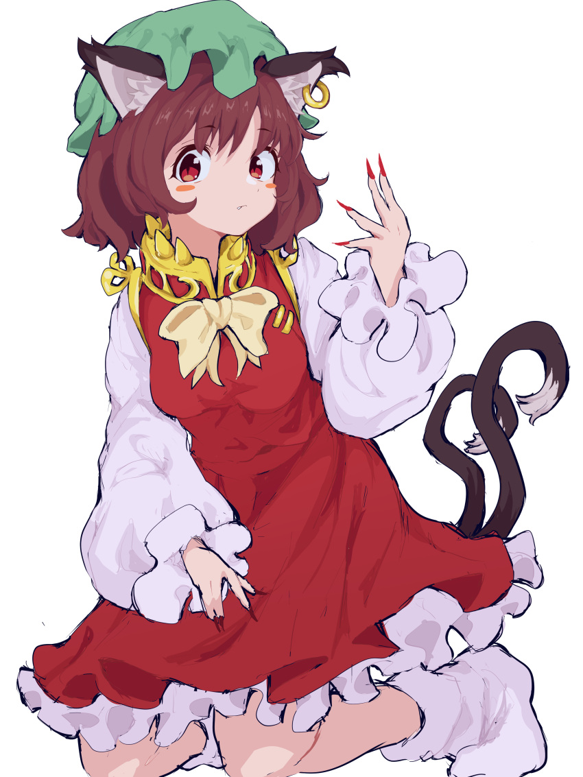 1girl absurdres animal_ear_fluff animal_ears bangs blush_stickers bow bowtie breasts brown_hair cat_ears cat_girl cat_tail chen closed_mouth dress earrings fang fingernails frills green_headwear hair_between_eyes hand_up hat highres jewelry long_fingernails long_sleeves looking_away mandarin_collar medium_breasts mob_cap mugi_(mugimugi_9kv) multiple_tails nail_polish no_shoes puffy_long_sleeves puffy_sleeves red_dress red_eyes red_nails seiza shirt short_hair simple_background single_earring sitting socks solo tail touhou two_tails white_background white_shirt white_socks yellow_bow yellow_bowtie