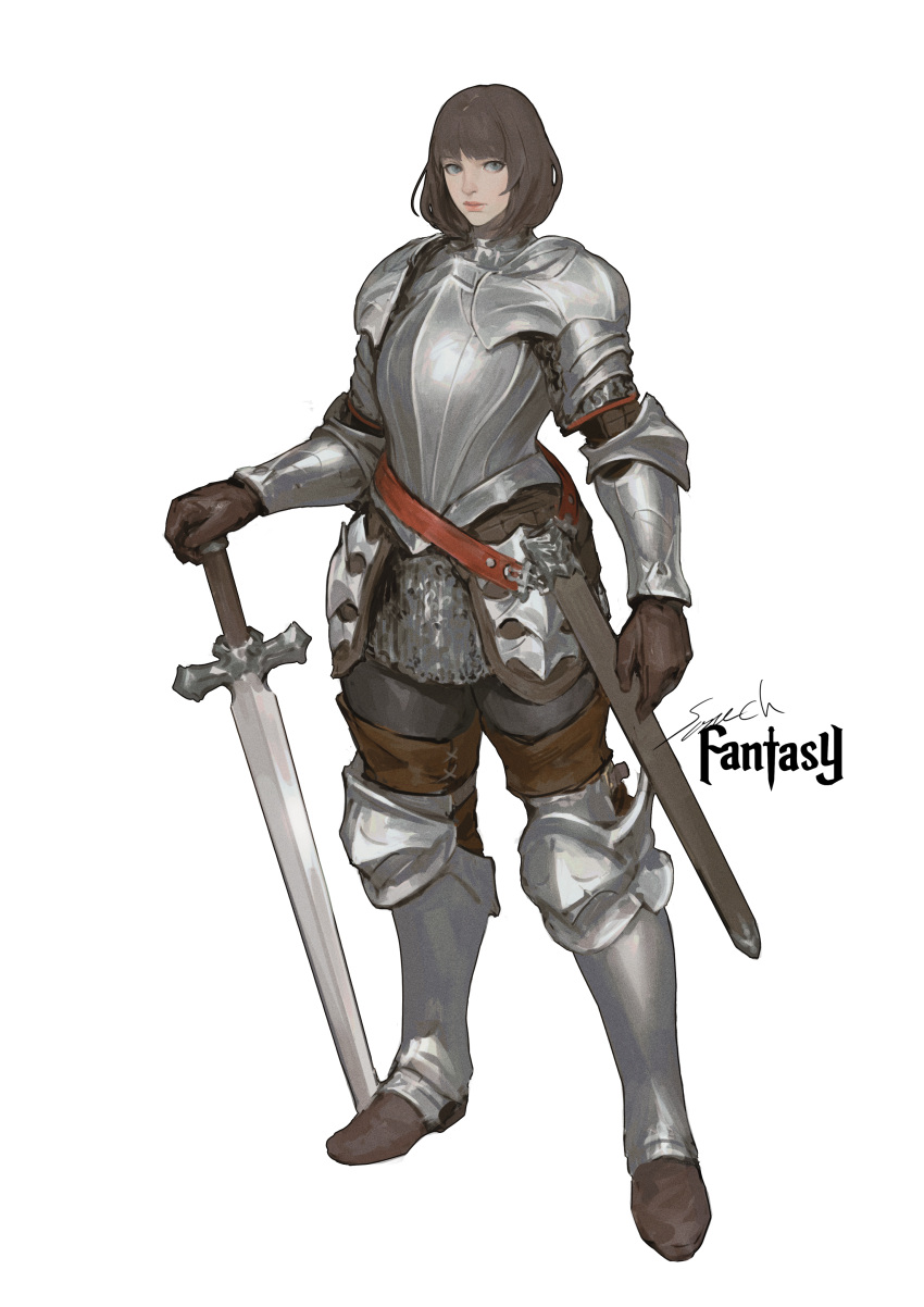 1girl absurdres armor artist_name bangs brown_gloves brown_hair full_body gloves grey_eyes highres knight looking_at_viewer planted planted_sword plate_armor sheath short_hair simple_background solo sonech standing sword weapon white_background