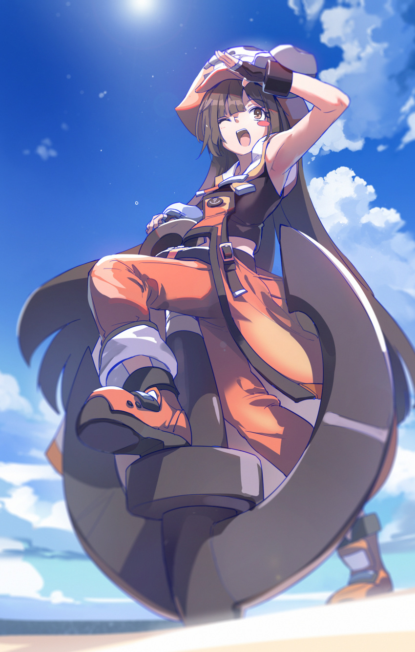 1girl ;d absurdres anchor bangs black_gloves black_shirt blue_sky blunt_bangs blush_stickers brown_eyes brown_hair clouds fingerless_gloves gloves guilty_gear highres huanxiang_huifeng large_hat long_hair looking_afar may_(guilty_gear) midriff military military_uniform one_eye_closed open_mouth orange_pants pants shirt sky smile solo sun uniform very_long_hair