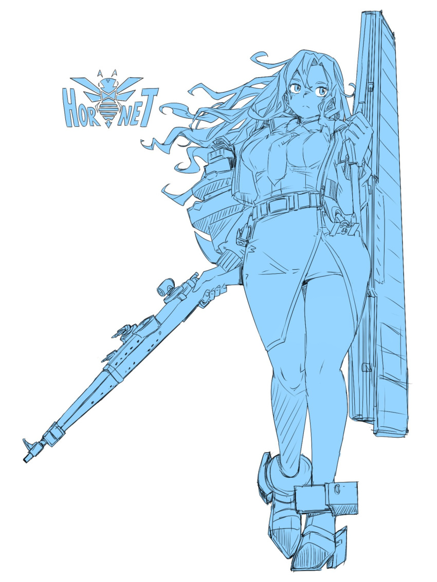 1girl belt blue_theme bomber_jacket breasts character_name closed_mouth full_body gun highres holding holding_gun holding_weapon hornet_(kancolle) jacket kantai_collection large_breasts long_hair monochrome neck necktie open_clothes open_jacket oso_(toolate) pencil_skirt rigging shirt simple_background sketch skirt solo wasp weapon weapon_case