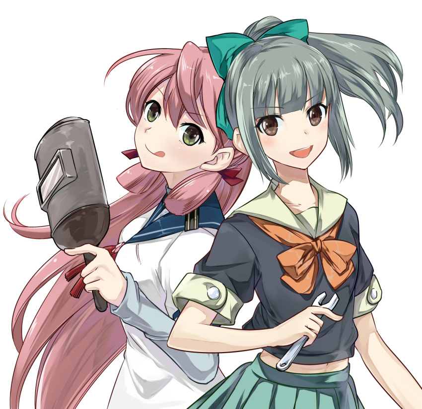 2girls :q akashi_(kancolle) brown_eyes green_eyes grey_hair hair_ribbon highres holding holding_wrench kantai_collection long_hair looking_at_viewer multiple_girls open_mouth pink_hair ponytail red_ribbon ribbon sailor_collar saitou_sakae school_uniform serafuku simple_background tongue tongue_out welding_mask white_background wrench yuubari_(kancolle)