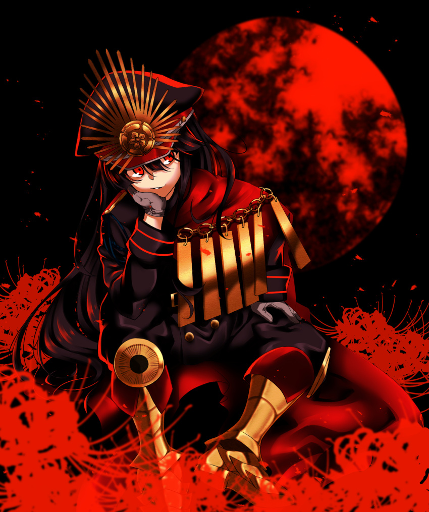 1girl armor bangs black_background black_cloud black_hair black_jacket black_pants buttons cape elbow_rest fate/grand_order fate_(series) flower gloves gold_armor greaves grey_gloves hand_on_own_chin hand_on_own_thigh hat hat_ornament head_rest highres jacket long_sleeves looking_to_the_side military military_jacket military_uniform moon oda_nobunaga_(fate) oda_nobunaga_(koha-ace) oda_uri pants peaked_cap petals red_cape red_eyes red_flower red_moon red_theme shigure_(sigre) sitting smirk solo spider_lily swept_bangs uniform
