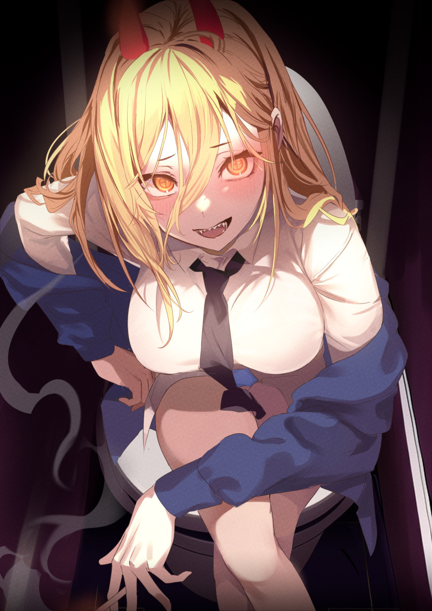 1girl bangs black_necktie blonde_hair blue_jacket blush breasts chainsaw_man cigarette collared_shirt commentary_request crossed_legs dress_shirt eyelashes from_above hair_between_eyes highres holding holding_cigarette horns indoors jacket long_bangs long_hair long_sleeves looking_at_viewer looking_up medium_breasts necktie off_shoulder open_clothes open_jacket open_mouth power_(chainsaw_man) raised_eyebrows red_horns ringed_eyes sharp_teeth shirt sidelocks sitting smoke solo teeth tongue white_shirt wing_collar yellow_eyes yetti