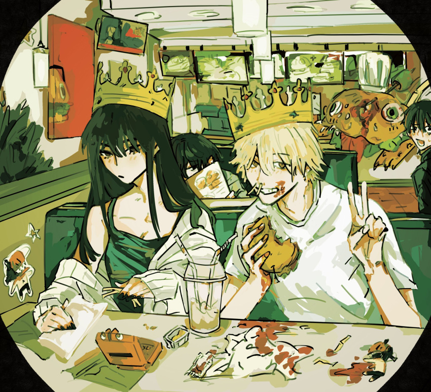 1girl 3boys bangs black_hair black_tank_top blonde_hair burger chainsaw chainsaw_man crown denji_(chainsaw_man) emzok fast_food food food_on_face french_fries hiding highres holding holding_food in_nose jacket ketchup kobeni_otouto long_hair looking_at_viewer messy mitaka_asa monster multiple_boys off_shoulder pochita_(chainsaw_man) shirt short_hair sleeves_past_wrists smile tank_top v white_jacket white_shirt yoshida_hirofumi