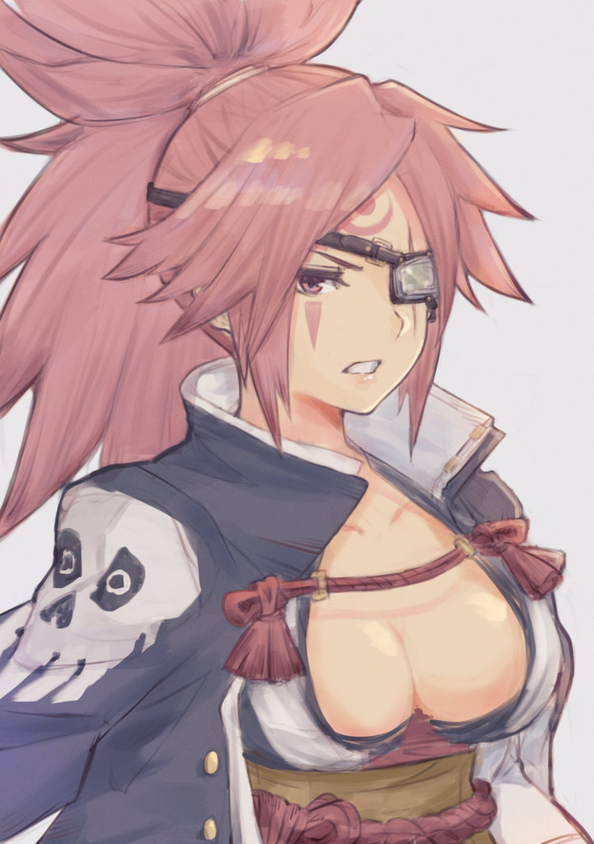 amputee baiken big_hair black_jacket black_kimono breasts eyepatch facial_tattoo guilty_gear guilty_gear_strive highres jacket jacket_on_shoulders japanese_clothes kimono large_breasts levvellevvel long_hair looking_at_viewer multicolored_clothes multicolored_kimono one-eyed pink_hair ponytail red_eyes scar tattoo white_kimono