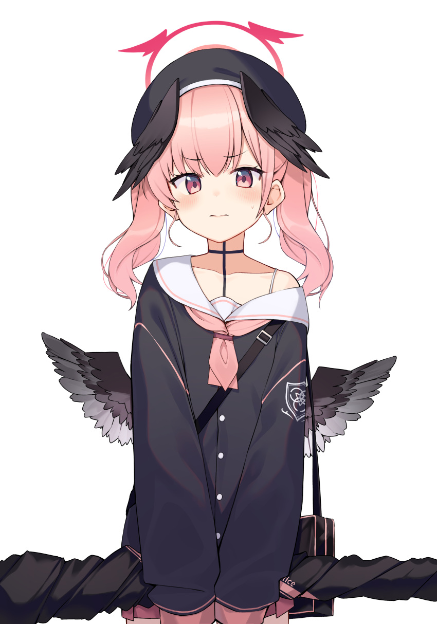 1girl absurdres bangs beret black_bag black_choker black_serafuku black_shirt black_wings blue_archive blush choker closed_mouth commentary feathered_wings h9_99999 halo hat highres holding koharu_(blue_archive) long_sleeves looking_at_viewer looking_down low_wings mini_wings neckerchief off_shoulder pink_hair pink_neckerchief red_eyes sailor_collar school_uniform serafuku shirt simple_background solo sweatdrop twintails upper_body white_background white_sailor_collar wings