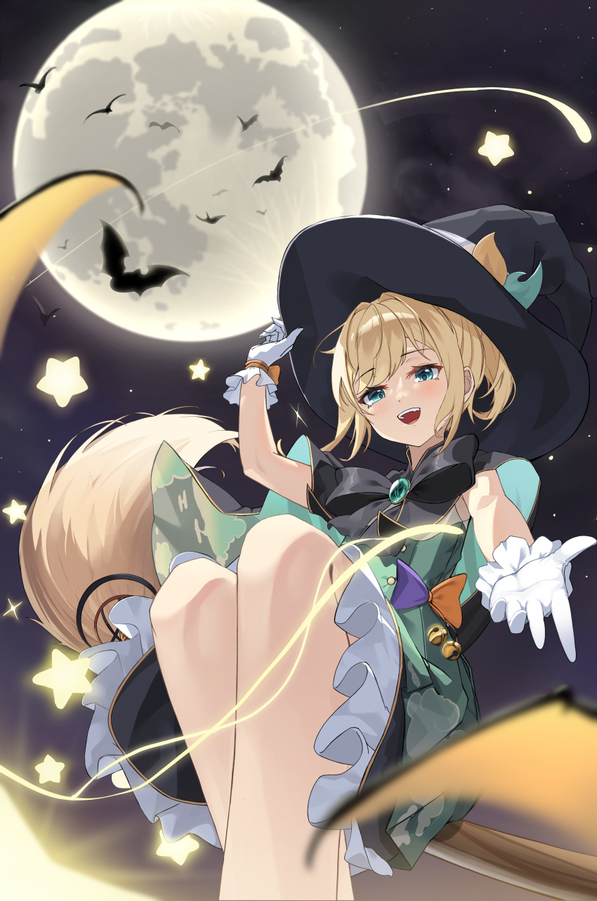 1girl absurdres aqua_cape bat_(animal) black_cape black_headwear blonde_hair blue_eyes broom broom_riding cape daon_1798 dress frilled_gloves frills full_moon gloves green_dress halloween hand_on_headwear hat highres hololive kazama_iroha looking_at_viewer moon night night_sky ponytail reaching_towards_viewer short_dress short_hair sky sleeveless sleeveless_dress solo two-sided_cape two-sided_fabric virtual_youtuber white_gloves witch witch_hat
